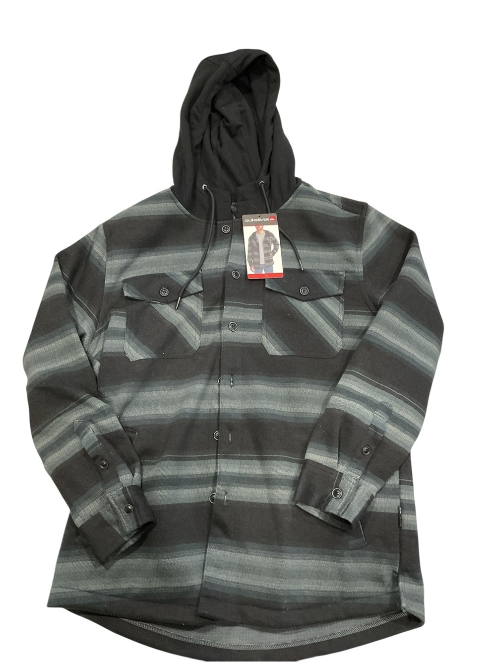 Quiksilver Black and Gray Striped Hooded Shacket MEDIUM